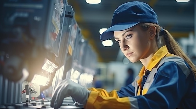 制服を着た専門の女性労働者が工場設定のエンジニアリングコンセプトで機械を操作する