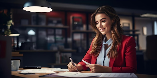 Professional woman working late in a modern office space illuminated by desk lamp focus and dedication at work AI