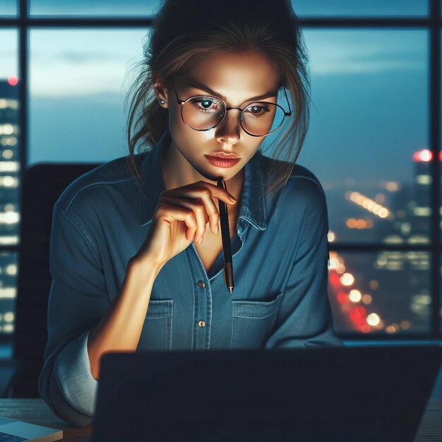 Professional woman working late with cityscape view