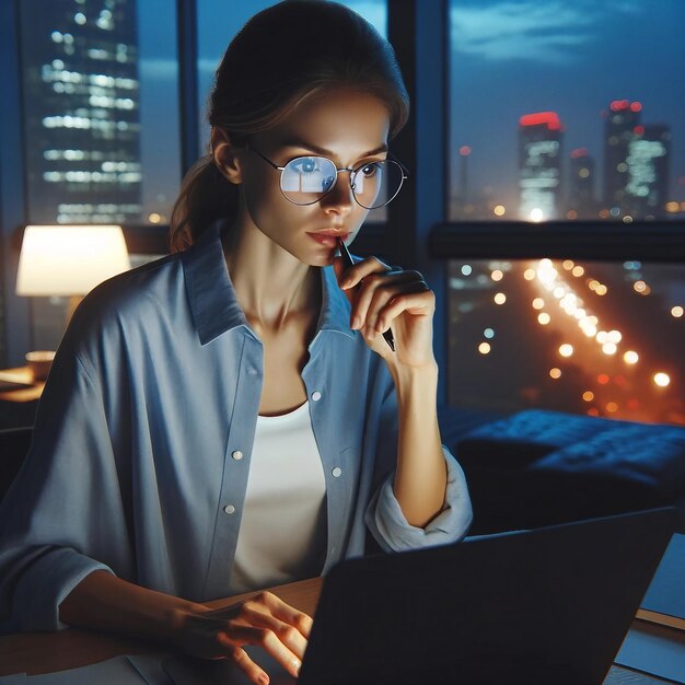 Professional woman working late with cityscape view