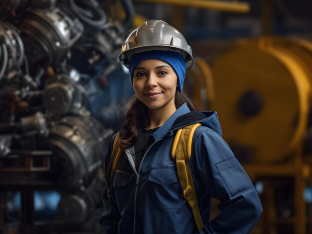 professional women engineer female worker standing in front of machinery