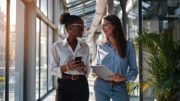 Professional women in a friendly interaction one holds a smartphone while the other carries a tablet engaging in a discussion in a modern corporate environment