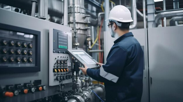 A professional worker at a modern industry uses a laptop to control automatic machines Laptop for engineering Generative AI Programmable Logic Controller