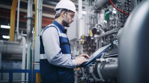 A professional worker at a modern industry uses a laptop to control automatic machines Laptop for engineering Generative AI Programmable Logic Controller