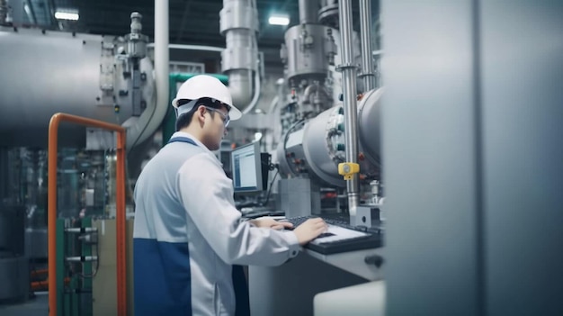 A professional worker at a modern industry uses a laptop to control automatic machines Laptop for engineering Generative AI Programmable Logic Controller