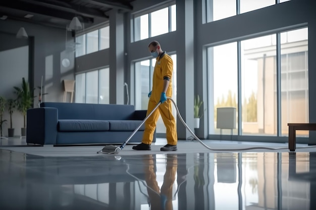 Professional worker in uniform with industrial vacuum cleaner officeindustrial cleaning services