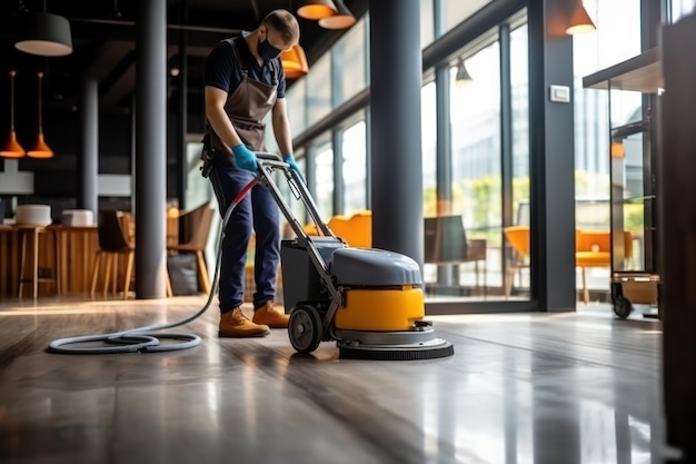 Photo professional worker with an industrial vacuum cleaner office and industrial cleaning services