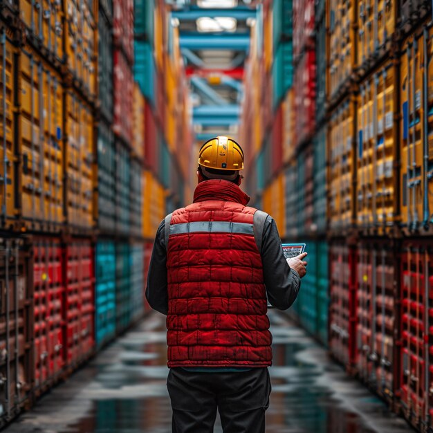 Professional workers control and check stock inventory in port container warehouse