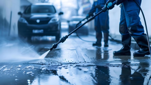 Photo professional workers using pressure washer for deep driveway cleaning service concept pressure washer driveway cleaning professional service deep cleaning workers