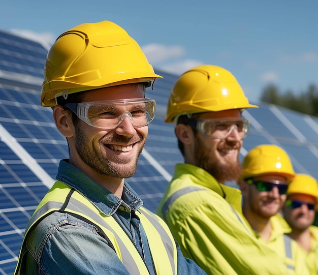 태양광 패널을 가진 전문 노동자들이 지속가능성, 다양성, 깨한 에너지를 마케팅합니다.