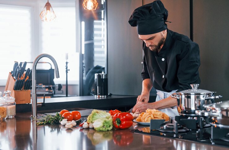 Photo professional young chef cook in uniform working on the kitchen