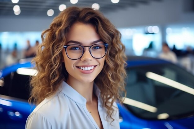 Photo professional young female dealer with clipboard smiling and looking at camera friendly while standing near modern automobile in car showroom