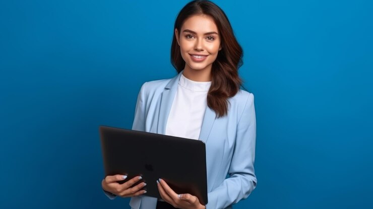 Professional young female executive with a digital tablet standing against a blue background