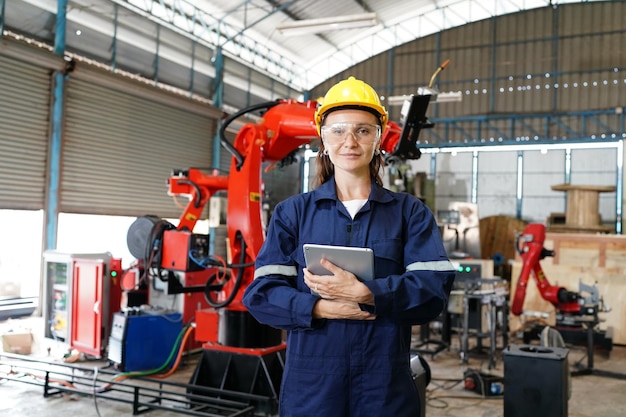 製造工場工場で働くプロの若い工業工場の女性