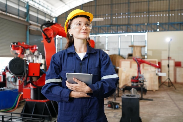 Professional young industrial factory woman working in manufacturing plant factory