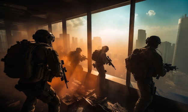 Professionally equipped soldiers of special forces on mission Military men checking the skyscraper building Dusty cityscape at backdrop Generative AI