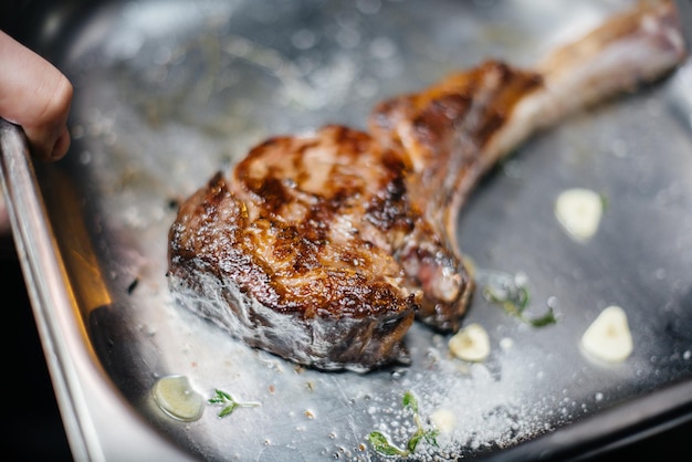 Professionally grilled juicy steak close-up.