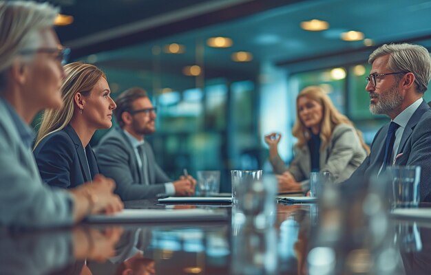 Photo professionals in business conferring via video conference in a board room