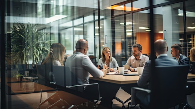 Профессионалы в корпоративной обстановке сидят за конференц-столом и сотрудничают, обмениваясь идеями.