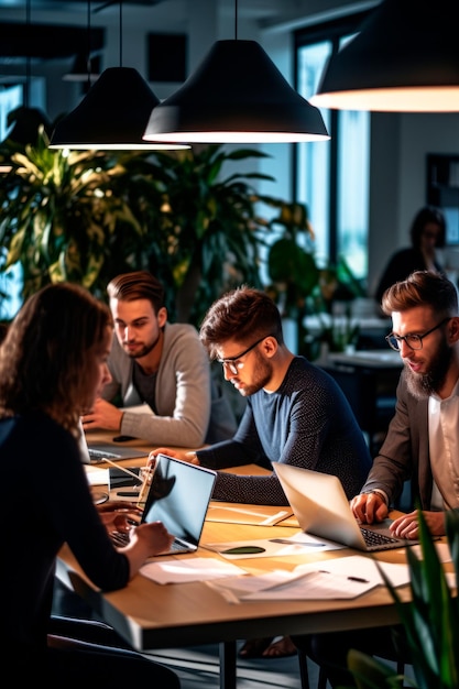 professionals die samenwerken op gedeelde werkstations in een modern kantoor