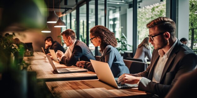 professionals engrossed in their laptops Created with generative AI technology