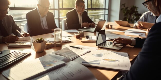 Professionals gathered around a laptop discussing financial data and strategy