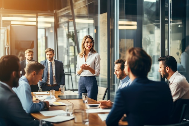 Professionals having a discussion in a meeting Business woman stands in a boardroom