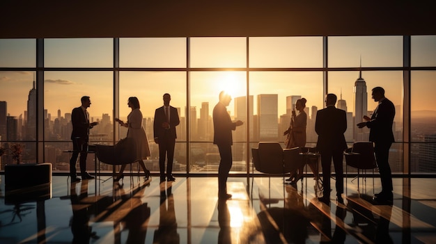 Professionals met silhouetten staan bij grote ramen met uitzicht op de skyline van de stad bij zonsondergang en reflecteren op de glanzende kantoorvloer