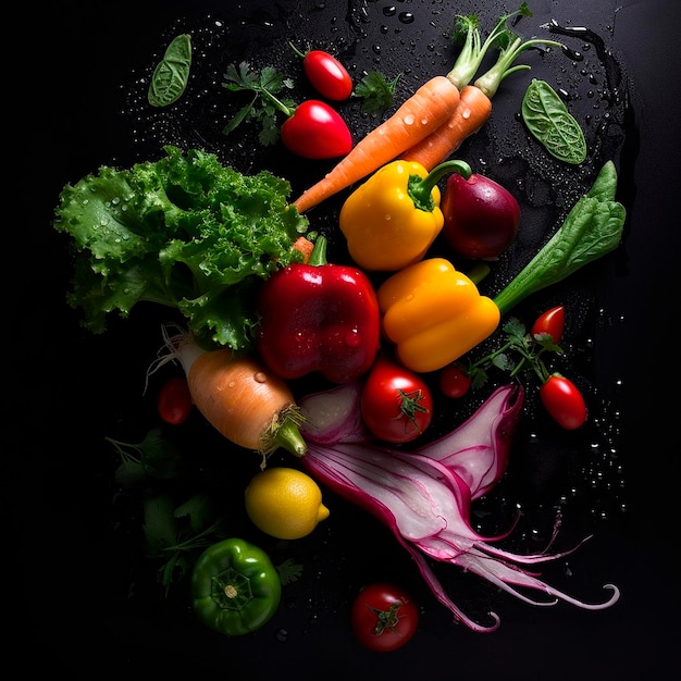 Professioneel imago van verse groenten op een zwarte tafel