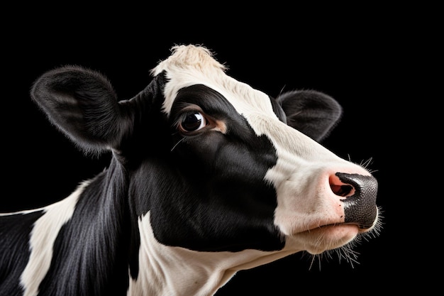 Professioneel studio-opnameportret van de zwarte koe met witte vlekken die in de camera kijken
