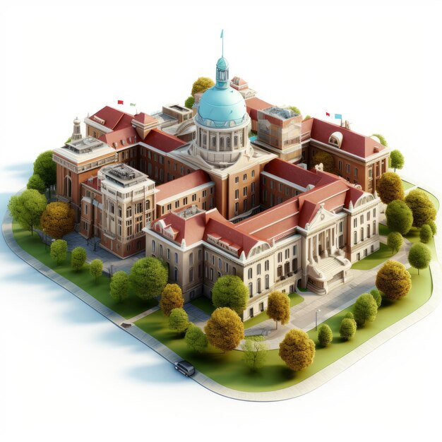 Professionele 3D cartoon afbeelding van een universiteit met een witte achtergrond