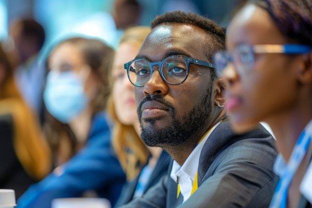 Professionele Afro-Amerikaanse man die deelneemt aan een conferentie met een divers publiek