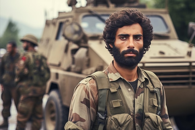 Professionele Arabische soldaat in moderne militaire kleding klaar voor actie in de woestijn Midden-Oosterse oorlog.