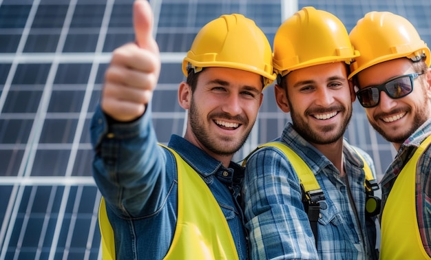 Professionele arbeiders met zonnepanelen die duurzaamheid, diversiteit en schone energie verkopen