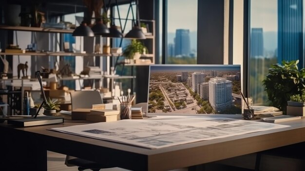 Foto professionele architect die aan het bureau werkt