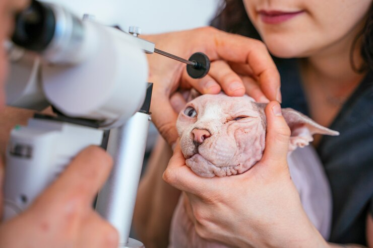 Professionele arts die jaarlijkse gezichtsinspectie op een ongezonde kat doet.