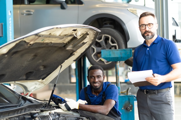 Professionele automonteur reparatieservice en controle van de automotor door Diagnostics Software-computer