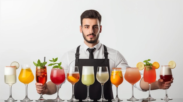 Professionele barman die een verscheidenheid aan kleurrijke cocktails presenteert op een bar met ruimte voor tekst op een wh