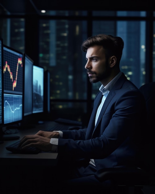 Professionele belegger die op het bureau zit en naar grote schermen met handelsgrafieken kijkt