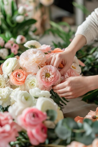Foto professionele bloemist regelt een levendig boeket met een verscheidenheid aan kleurrijke bloemen