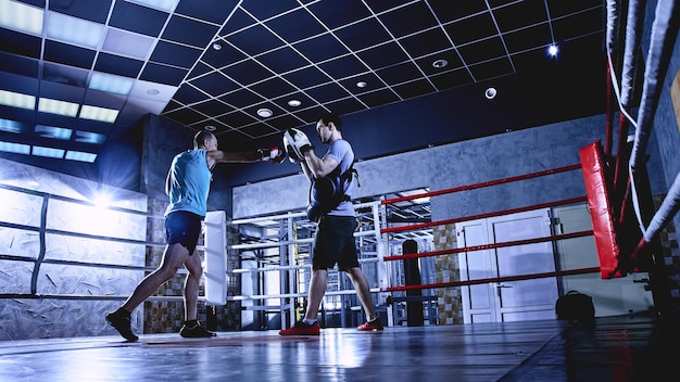 Professionele boksers met handschoenen trainen gevechten in donkere kleuren van de boksring