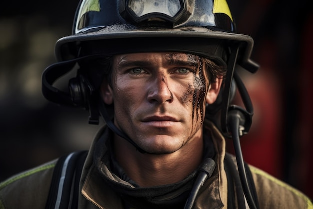 Professionele brandweerman met helm Vlamredding Fictief persoon Genereer Ai