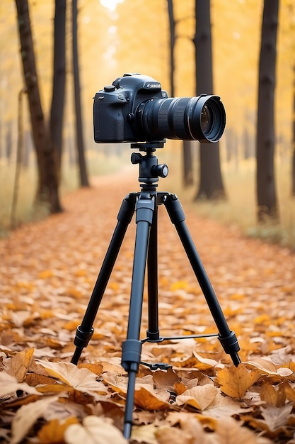 Professionele camera op een statief in het herfstbos Selectieve focus Natuur