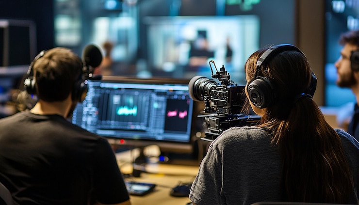Foto professionele cameraman filmt een programma met zijn camera.