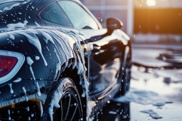 Professionele Car Wash zwarte Sportwagen met Shampoo close-up