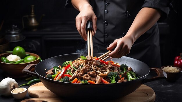 Foto professionele chef-kok die aziatisch eten bereidt