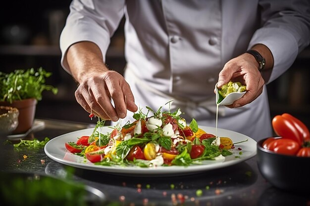 Foto professionele chef-kok die salade met precisie plaatst