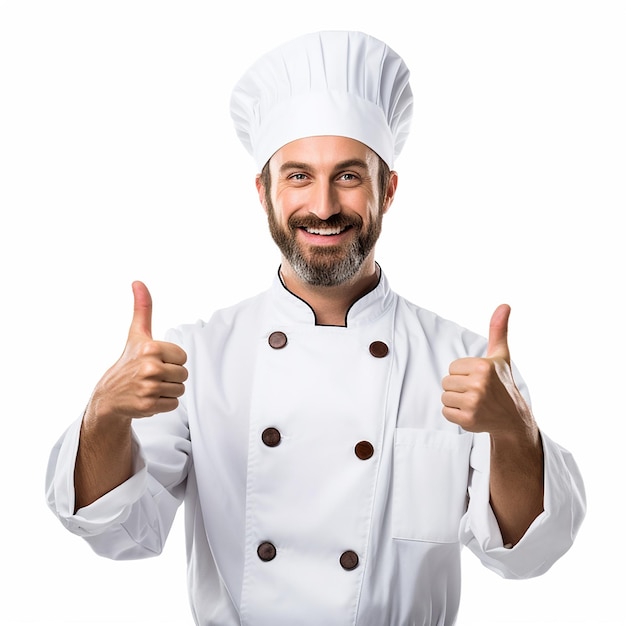 Professionele chef-kok die teken toont voor heerlijk. Mannelijke chef-kok in wit uniform met perfect teken.