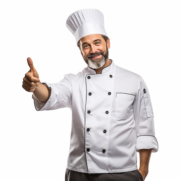 Professionele chef-kok die teken toont voor heerlijk. Mannelijke chef-kok in wit uniform met perfect teken.