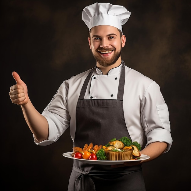 Professionele chef-kok die teken toont voor heerlijk. Mannelijke chef-kok in wit uniform met perfect teken.